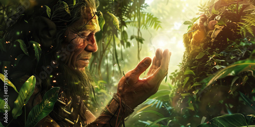 In the heart of a lush jungle, a shaman conducts a ritual, imbuing nature with their spiritual energies photo