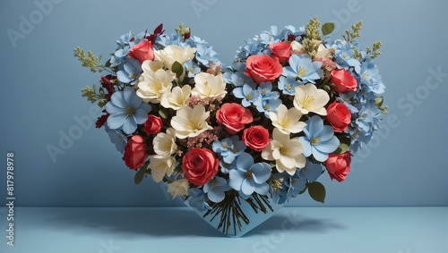 a heart-shaped bouquet of flowers including red, white, and pink roses, and blue hydrangeas against a blue background.