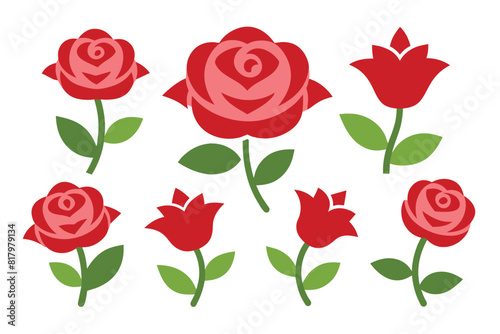Set of Set of decorative rose with leaves. Flower Vector illustration Silhouette Design
