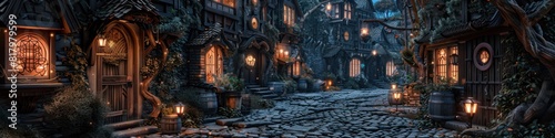 Enchanting Evening in a Magical D Rendered Fantasy Village Street with Glowing Lanterns