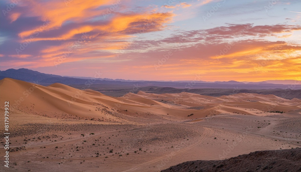 desert landscape vast desert landscape with dunes and a colorful sunset casting warm tones across the scene
