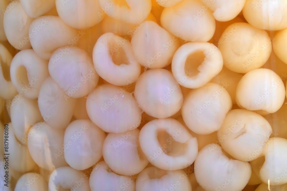 A jar of food with many small white fruit inside sugar water. The balls are all the same size and shape A jar of food with many small white fruit inside sugar water. The balls are all the same size and shape