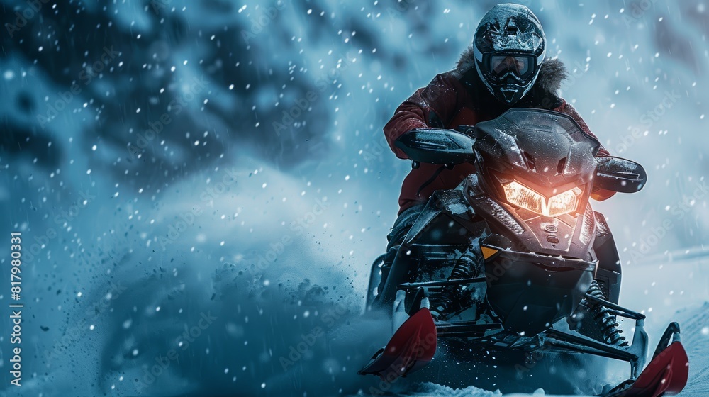 Dynamic and intense snowmobile adventure through a snowy landscape with powerful lighting and falling snowflakes Dynamic and intense snowmobile adventure through a snowy landscape with powerful lighting and falling snowflakes