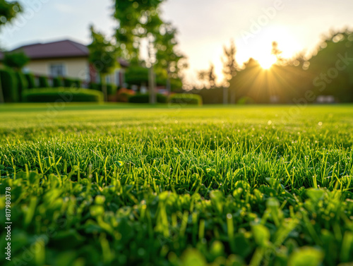 A well-groomed lawn stretches before us, its lush green surface gleaming under the clear sky, bathed in warm sunlight, emitting a serene yellow-green hue.