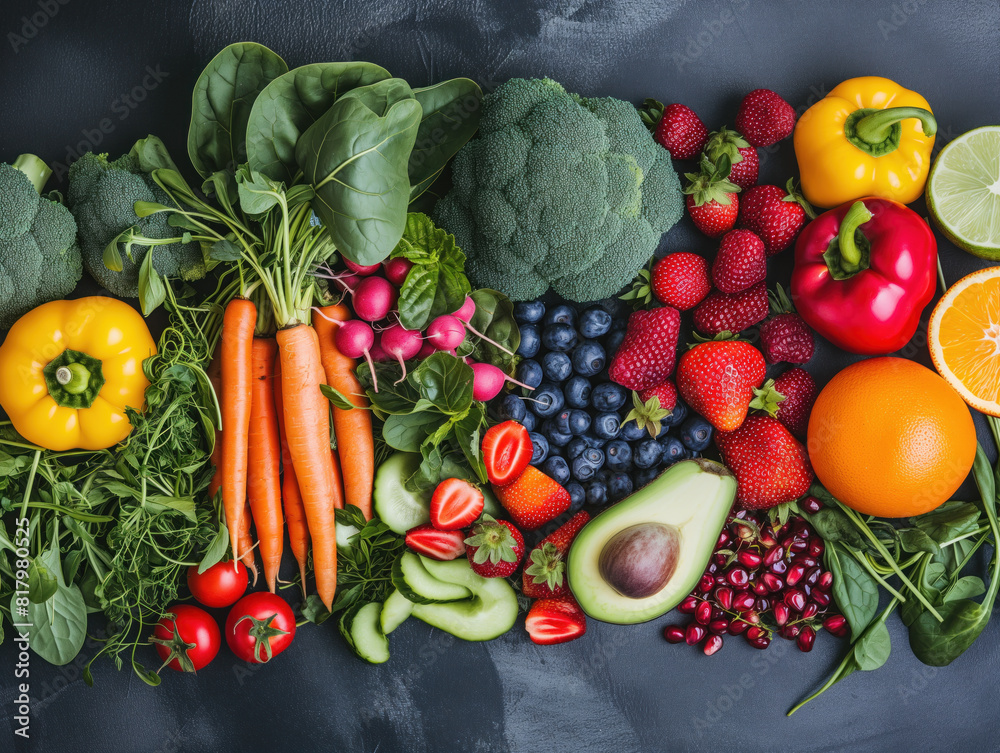Vibrant veggies, fruits, and berries are showcased on a dark backdrop. Captured from above, this healthy vegan array leaves space for text. Vibrant veggies, fruits, and berries are showcased on a dark backdrop. Captured from above, this healthy vegan array leaves space for text.