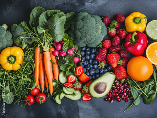 Vibrant veggies  fruits  and berries are showcased on a dark backdrop. Captured from above  this healthy vegan array leaves space for text.