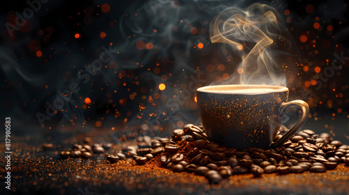 Coffee cup surrounded by ground coffee and beans on a dark surface 