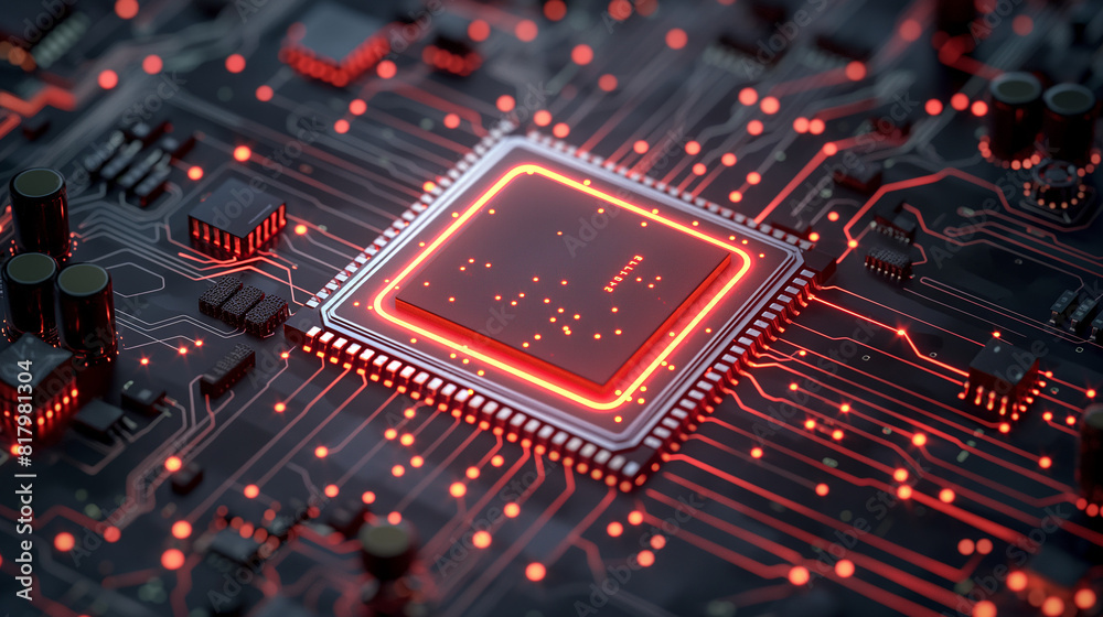 Digital circuit components with a particles network. Technological and connection background. Abstract hologram 3D silicon CPU with futuristic matrix. 3D rendering. Digital circuit components with a particles network. Technological and connection background. Abstract hologram 3D silicon CPU with futuristic matrix. 3D rendering.