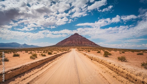 a dirt road in the middle of a desert with a mountain in the distance and a blue sky with puffy white clouds in the middle of the top of the picture
