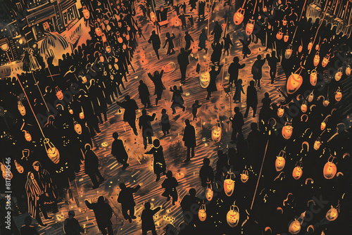 Aerial View Block Print Illustration of Saint Anthony's Feast Procession with Crowds Carrying Candles and Banners