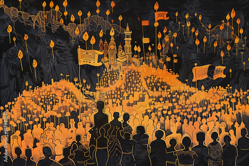 Aerial View Block Print Illustration of Saint Anthony's Feast Procession with Crowds Carrying Candles and Banners photo