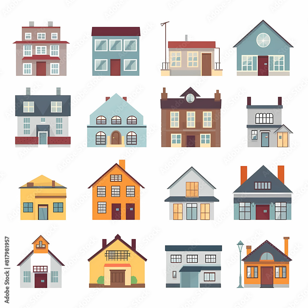 Icons of houses and buildings isolated on white. Illustration in vector format