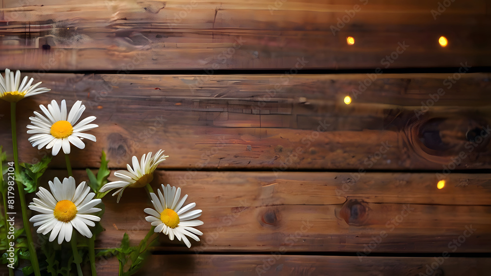 Obraz premium Daisy flowers on wooden background. cute white wildflowers on wood texture and rustic flatlay background with copy space. perfect for invitations, greeting cards, postcards, products display