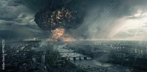 A huge mushroom cloud above the city, heavy rain and dark clouds above it, smoke rising from an underground explosion in front of a river with buildings destroyed #817982733