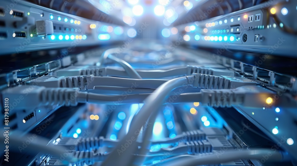 Advanced data center network infrastructure with rows of cables and blinking server lights in a high-tech facility Advanced data center network infrastructure with rows of cables and blinking server lights in a high-tech facility
