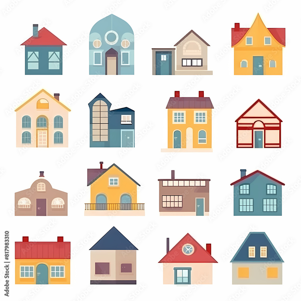 Icons of houses and buildings isolated on white. Illustration in vector format
