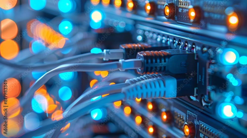 Close-up view of vibrant data center cables and lights, highlighting the dynamic complexity of modern technology infrastructure Close-up view of vibrant data center cables and lights, highlighting the dynamic complexity of modern technology infrastructure