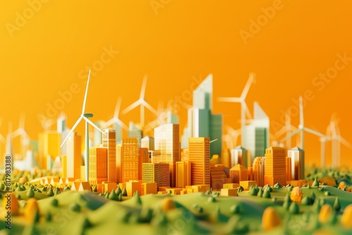 a city with a wind turbine and skyscraper. Scene is futuristic and environmentally conscious on bokeh style background