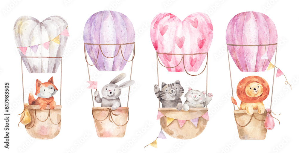 Obraz premium Cute animals fly in hot air balloon. Funny fox, bunny, cats and lion sit in baskets with flags and hearts. Watercolor illustration isolated on white background. 