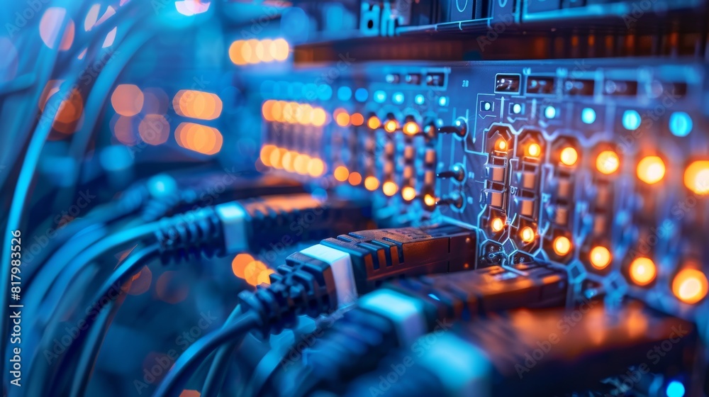 Close-up view of vibrant data center cables and lights, highlighting the dynamic complexity of modern technology infrastructure Close-up view of vibrant data center cables and lights, highlighting the dynamic complexity of modern technology infrastructure