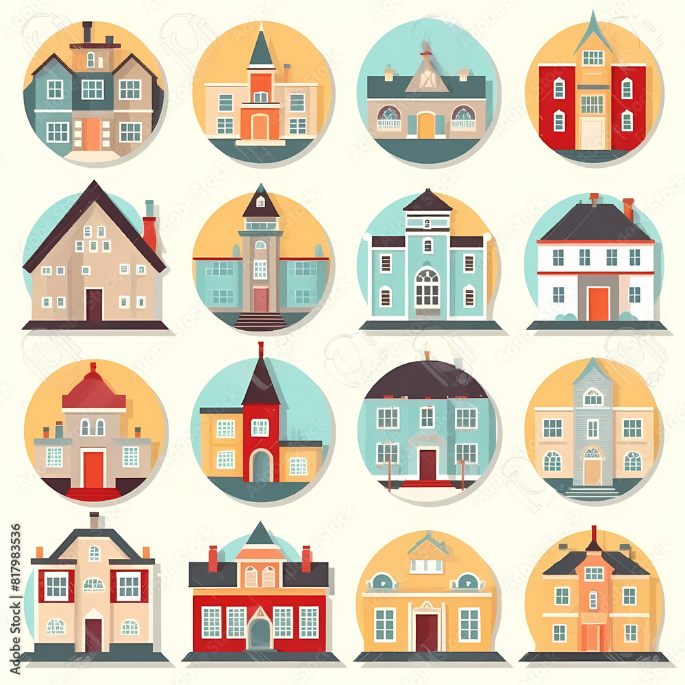 Icons of houses and buildings isolated on white. Illustration in vector format