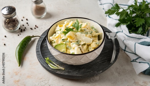 a light egg salad with celery gherkin pepper and mayonnaise served in a bowl on a light background front view