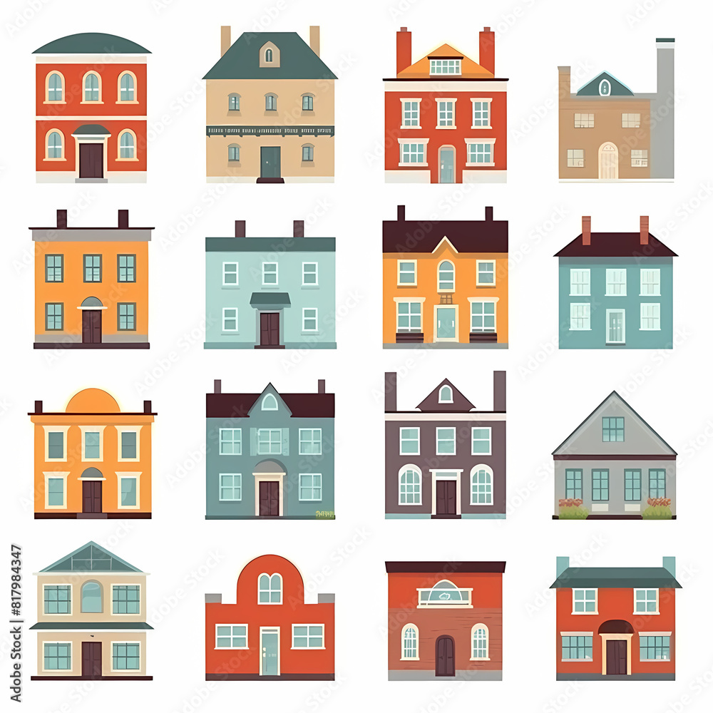 Icons of houses and buildings isolated on white. Illustration in vector format