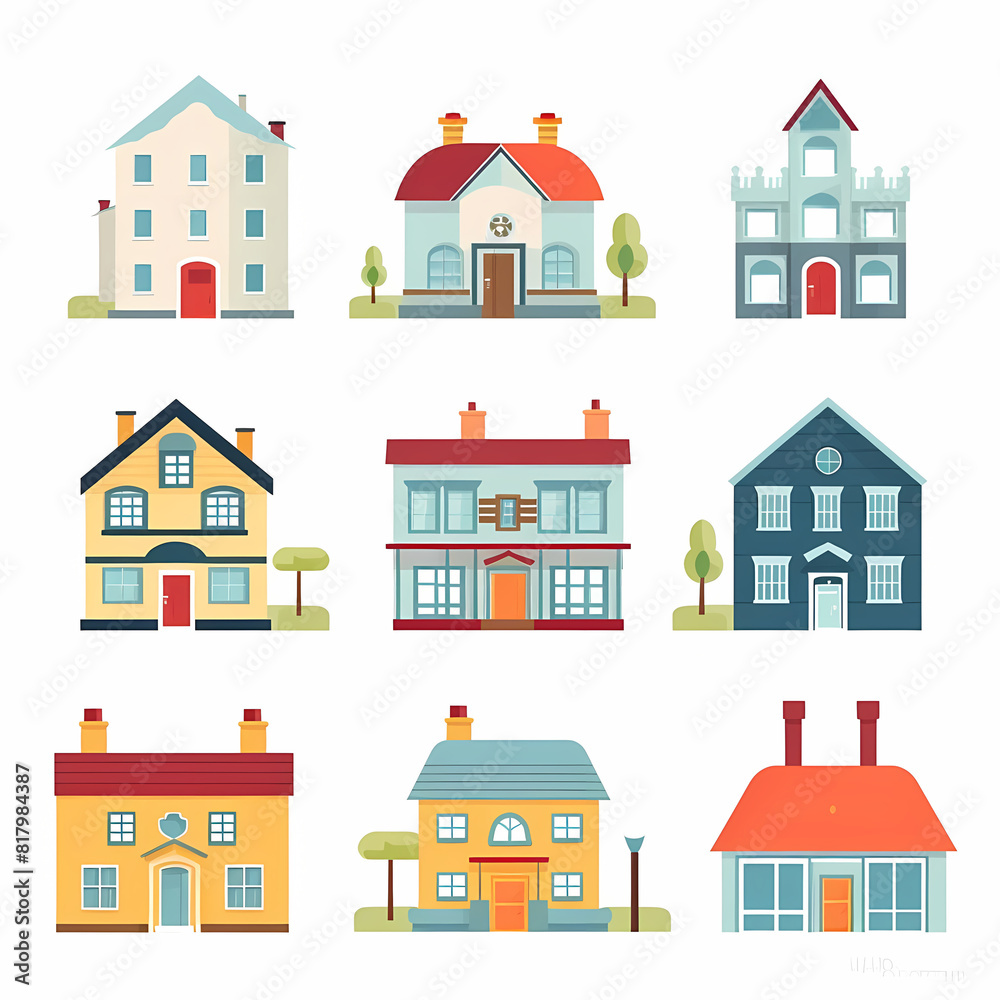 Fototapeta premium Icons of houses and buildings isolated on white. Illustration in vector format