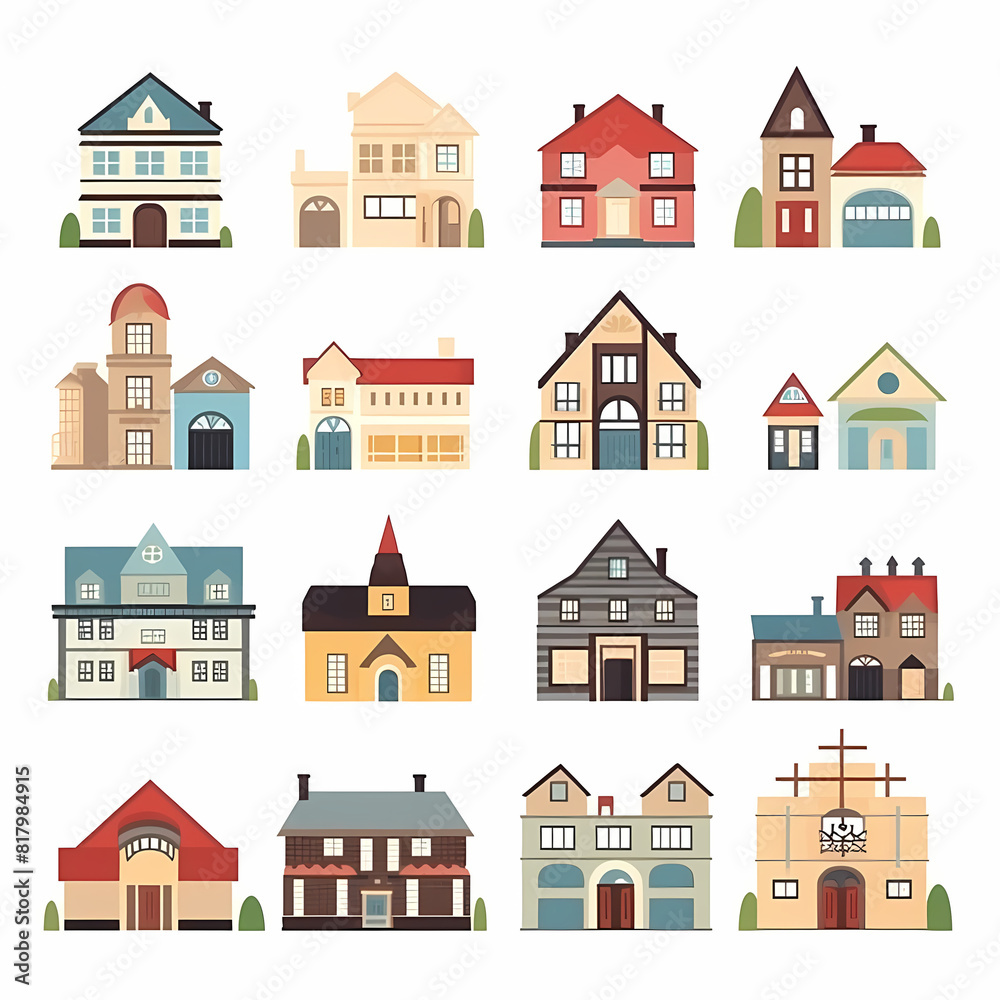 Naklejka premium Icons of houses and buildings isolated on white. Illustration in vector format