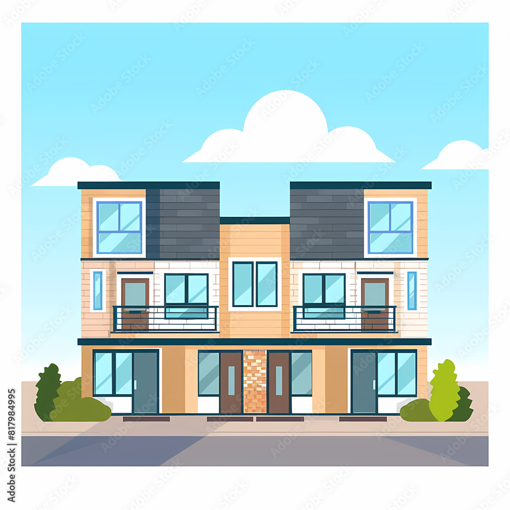 Illustration of the exterior of a house as seen from the front and with a roof. Modern. Townhouse building. Apartment. House facade with doors and windows. Illustration of the exterior of a house as seen from the front and with a roof. Modern. Townhouse building. Apartment. House facade with doors and windows.