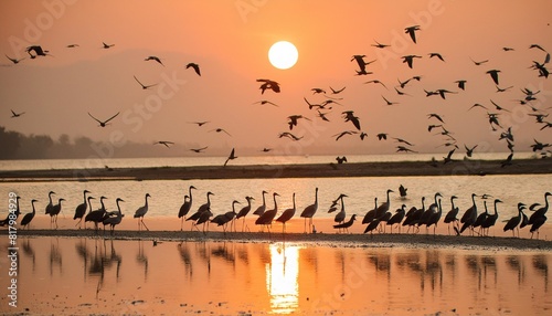 birds in the wild birds on the beach during sunset reflections on the water flying and waterfowl species of birds photo for wallpaper or background