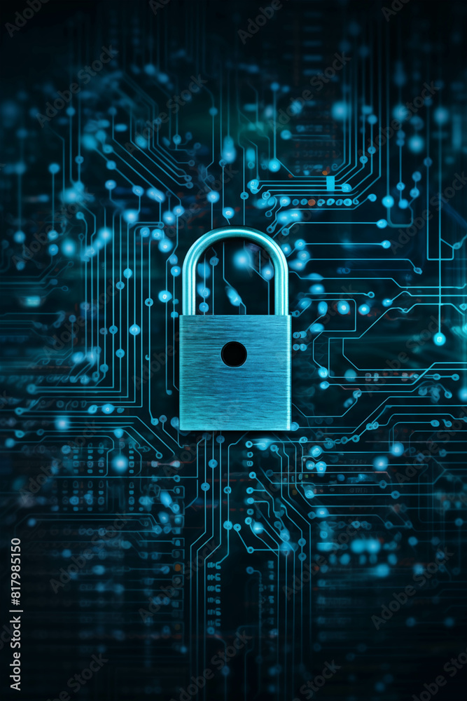 Blue glowing padlock on circuit board. Blue glowing padlock on circuit board.