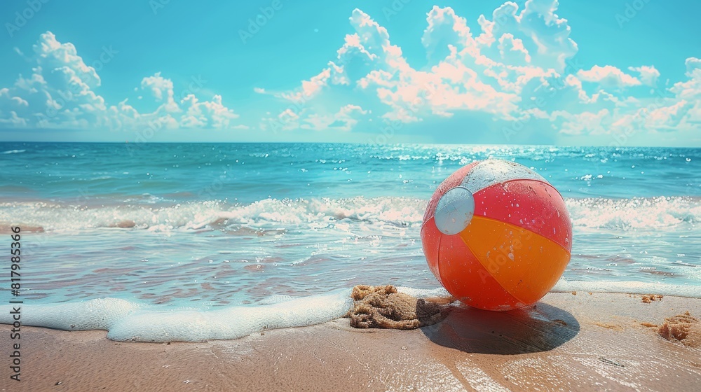 Obraz premium summer beach vibe, vibrant beach ball on sandy beach, summer clipart with copy space perfect for illustrations and backgrounds
