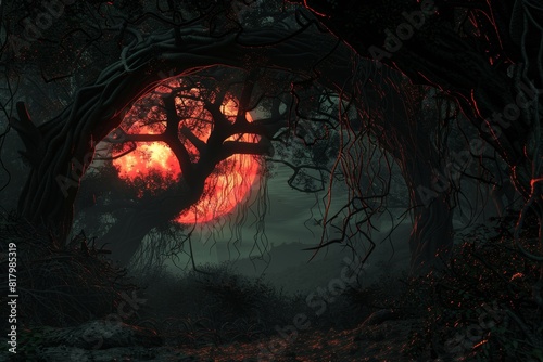 A dark forest with a red moon in the sky