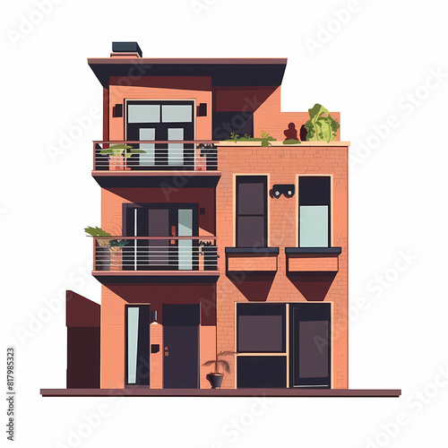 Illustration of the exterior of a house as seen from the front and with a roof. Modern. Townhouse building. Apartment. House facade with doors and windows. © ak159715