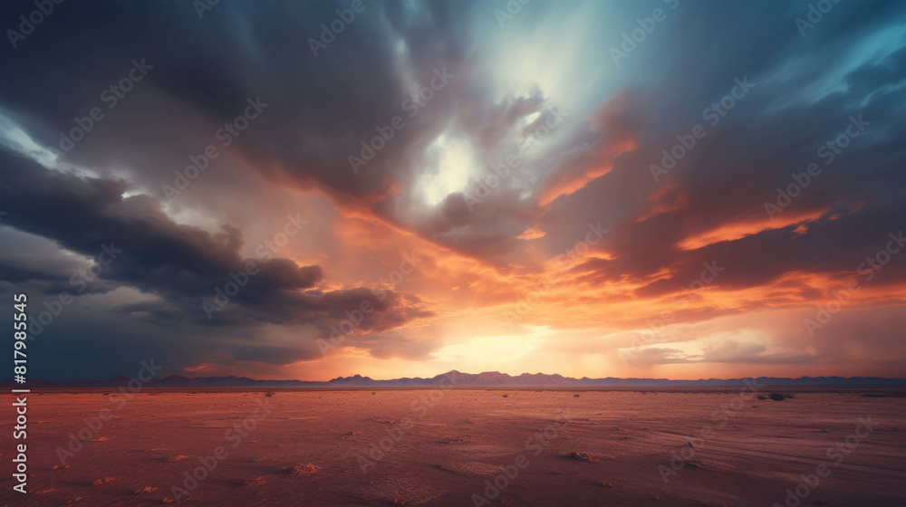 The photo shows a beautiful sunset over a vast desert landscape The photo shows a beautiful sunset over a vast desert landscape