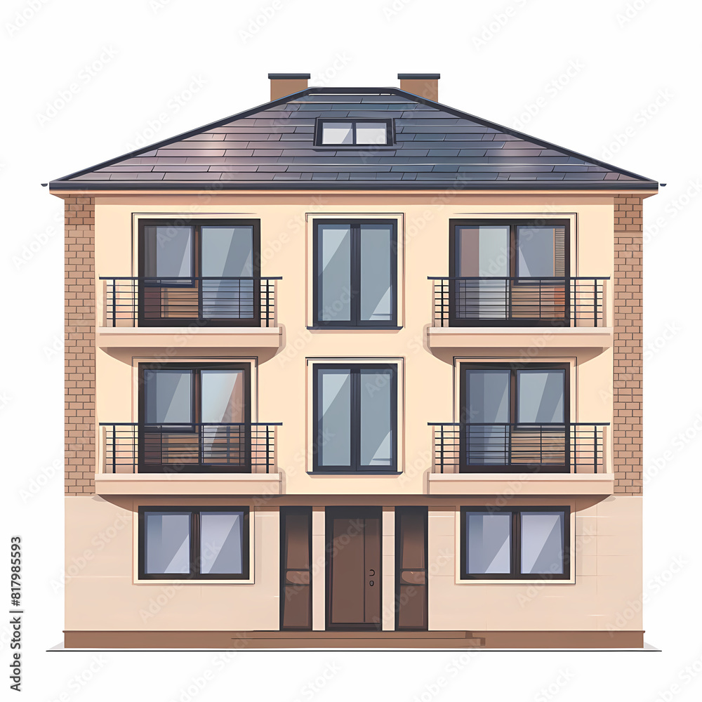 Obraz premium Illustration of the exterior of a house as seen from the front and with a roof. Modern. Townhouse building. Apartment. House facade with doors and windows.