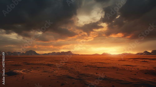 The photo shows a beautiful sunset over a vast desert landscape