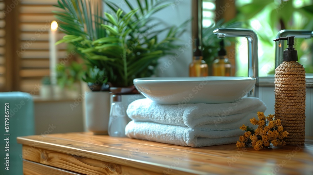 Fototapeta premium Bathroom vanity with sink towels plants