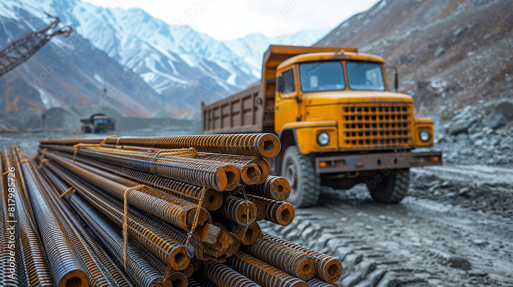 The truck is carrying metal pipes on a mountain road against the backdrop of snow-capped mountains. The truck is carrying metal pipes on a mountain road against the backdrop of snow-capped mountains.
