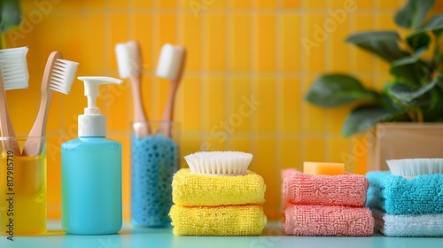 Bath products accessories on shelf with yellow tiled background