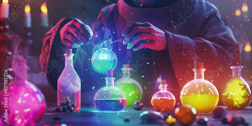 An alchemist, surrounded by glowing orbs of colored light, brews a potion of healing and transformation, using the four elements in perfect balance.