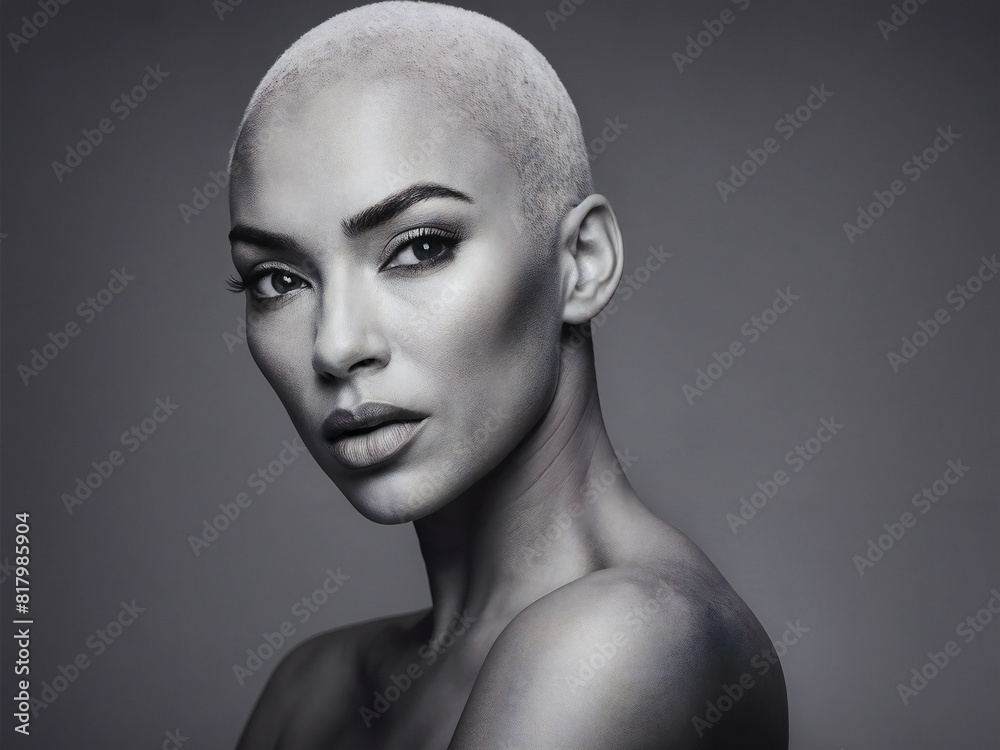 A black and white portrait of a bald woman. A black and white portrait of a bald woman.