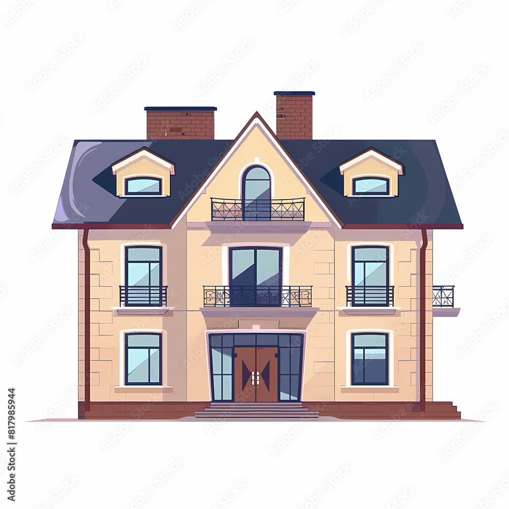 Illustration of the exterior of a house as seen from the front and with a roof. Modern. Townhouse building. Apartment. House facade with doors and windows. Illustration of the exterior of a house as seen from the front and with a roof. Modern. Townhouse building. Apartment. House facade with doors and windows.