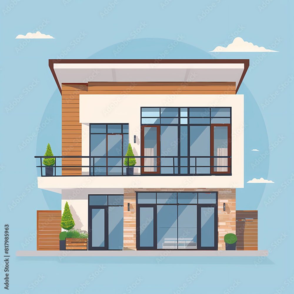 Illustration of the exterior of a house as seen from the front and with a roof. Modern. Townhouse building. Apartment. House facade with doors and windows.