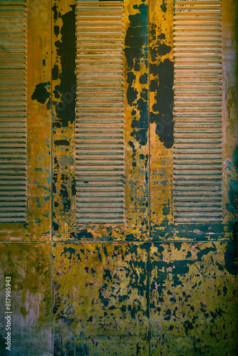 Rusty metal door with peeling paint for grunge background