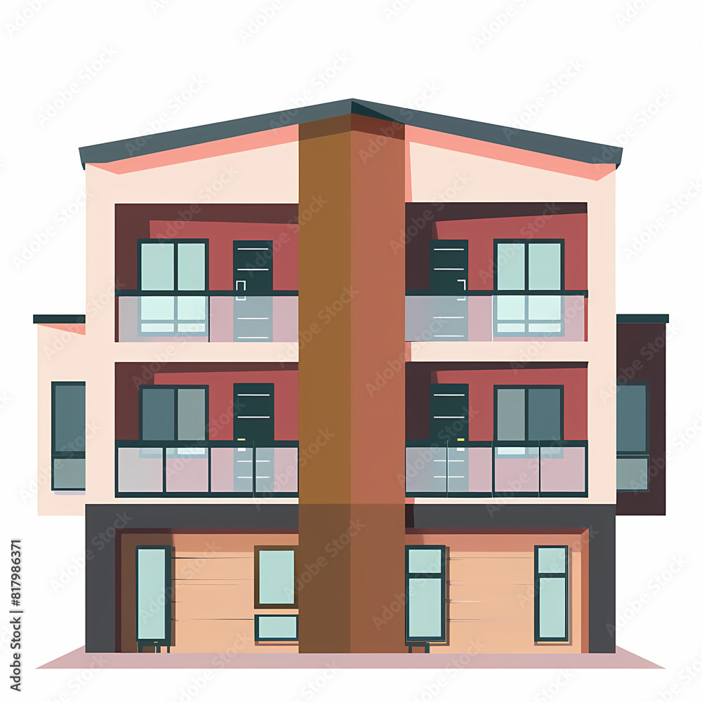 Obraz premium Illustration of the exterior of a house as seen from the front and with a roof. Modern. Townhouse building. Apartment. House facade with doors and windows.
