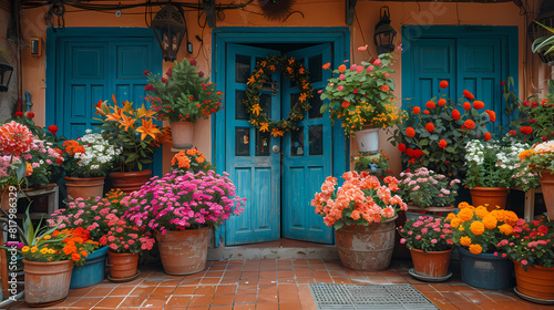 A doorway with a bunch of flowers in front of it