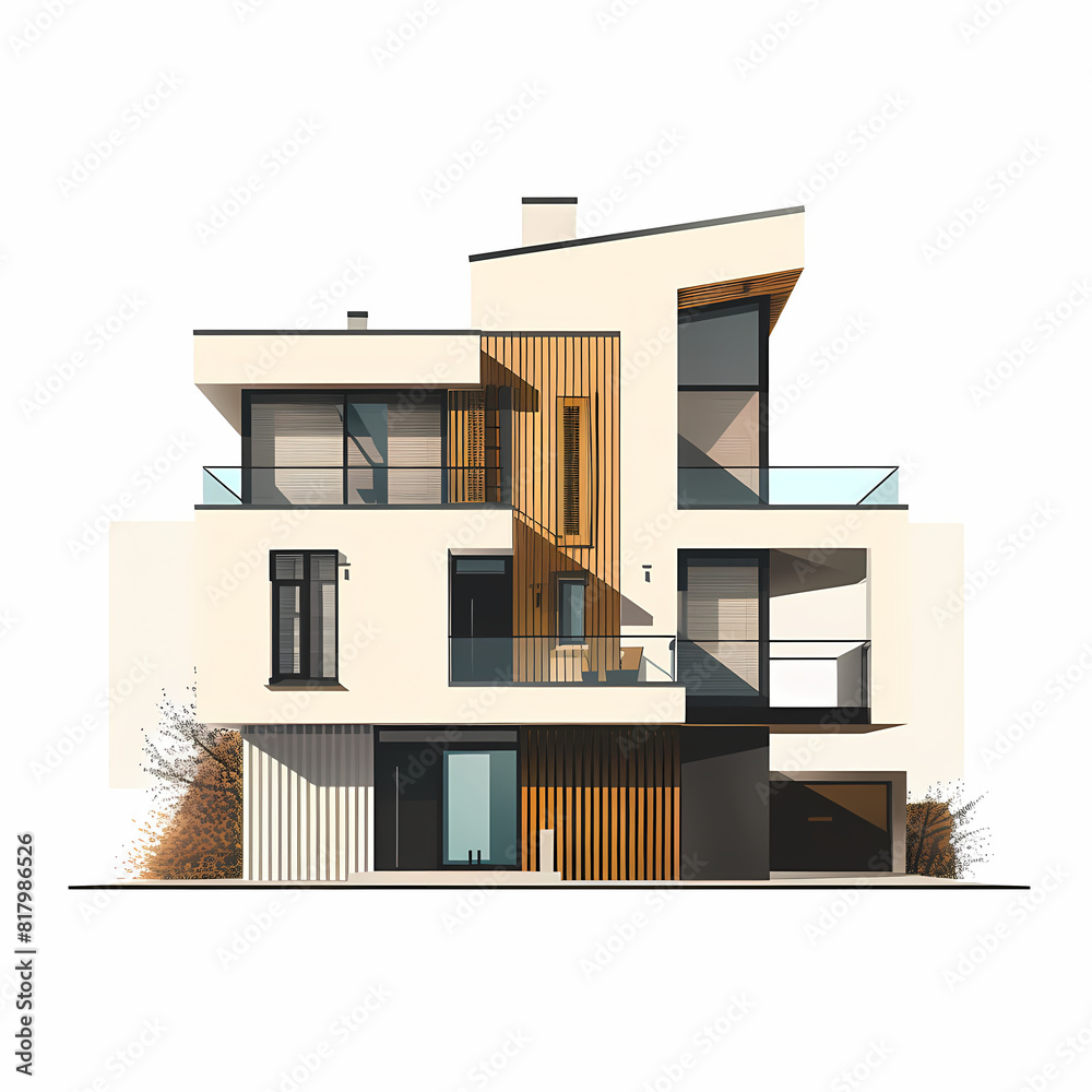 Illustration of the exterior of a house as seen from the front and with a roof. Modern. Townhouse building. Apartment. House facade with doors and windows.
