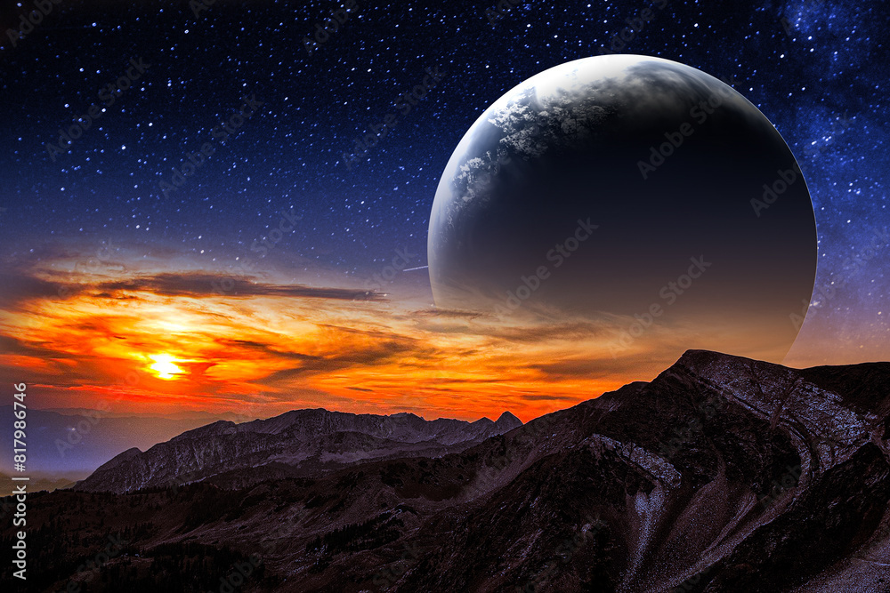 Alien landscape sunset wallpaper for desktop, fantasy world digital painting in horizontal, HD landscape background for pc and, 3d illustration Alien landscape sunset wallpaper for desktop, fantasy world digital painting in horizontal, HD landscape background for pc and, 3d illustration